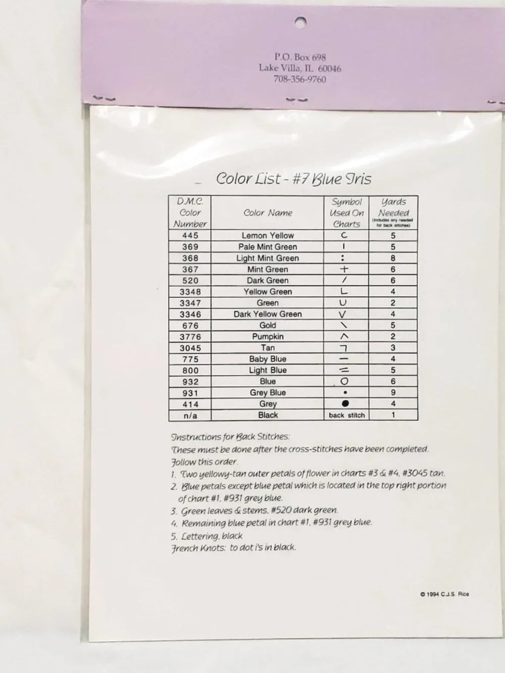 Blue Iris #7 Counted Cross Stitch Chart-Pak The Lilac Studio 1994